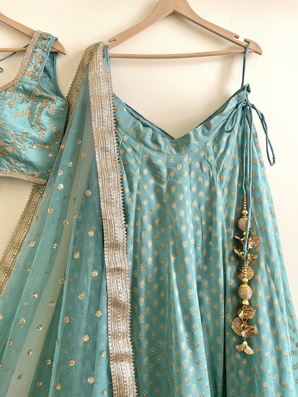 Sage Green Indian Designer Lehenga Blouse for Wedding Guest