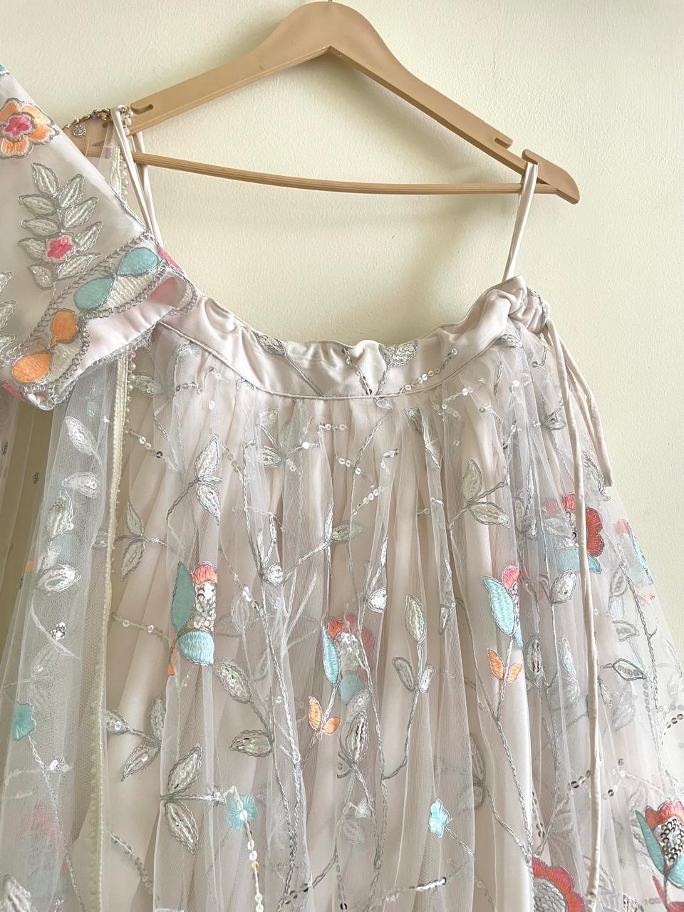 White Pastel Floral Embroidered Lehenga Set