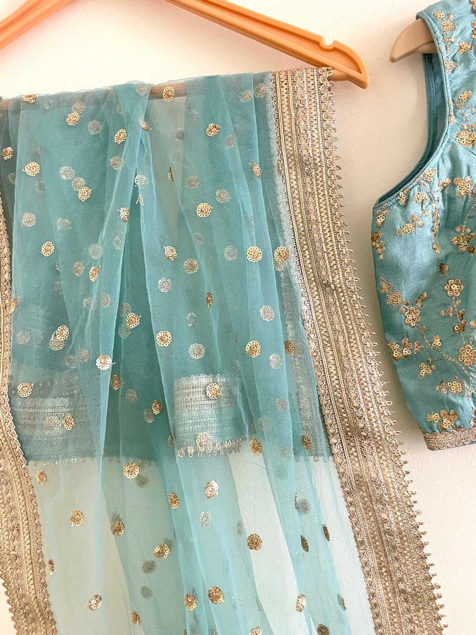 Sage Green Indian Designer Lehenga Blouse for Wedding Guest