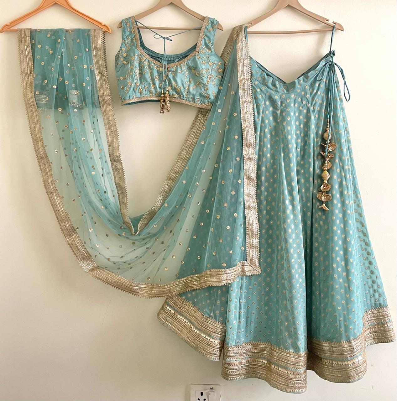 Sage Green Indian Designer Lehenga Blouse for Wedding Guest