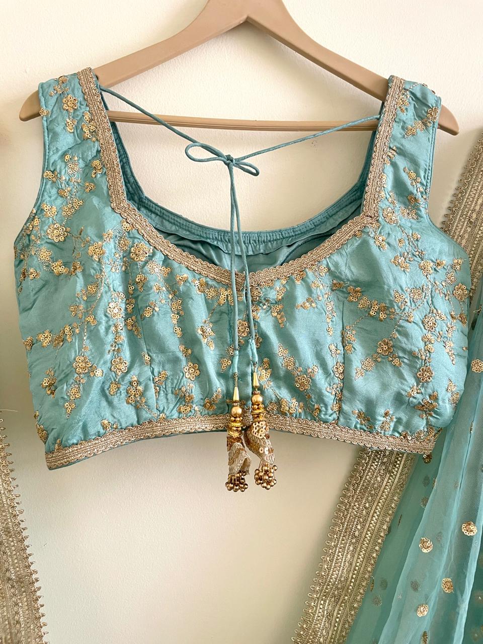 Sage Green Indian Designer Lehenga Blouse for Wedding Guest