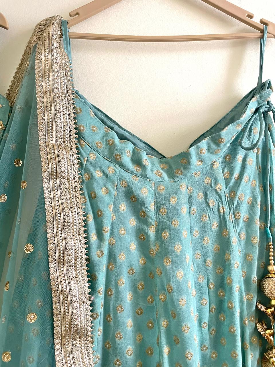 Sage Green Indian Designer Lehenga Blouse for Wedding Guest