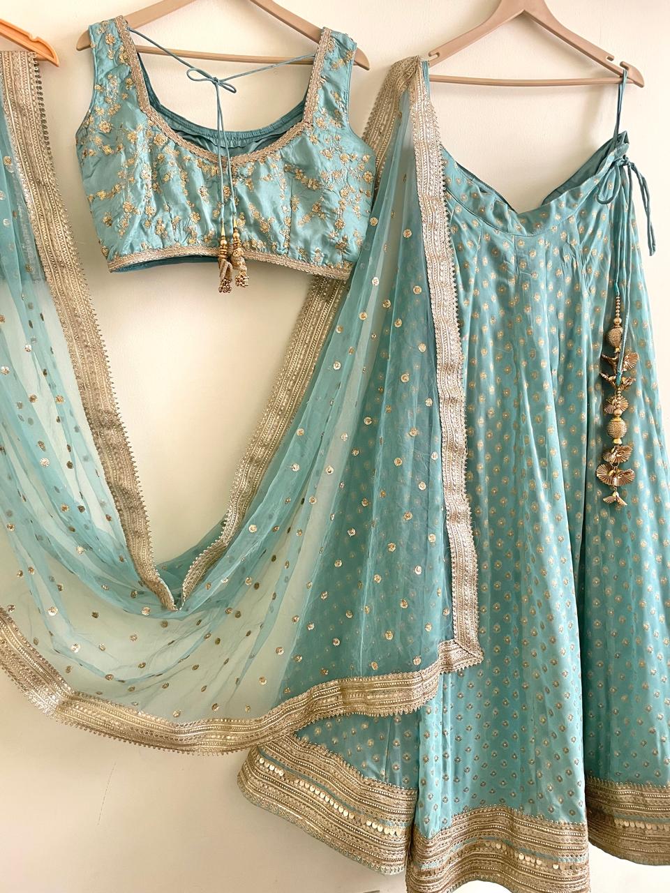 Sage Green Indian Designer Lehenga Blouse for Wedding Guest