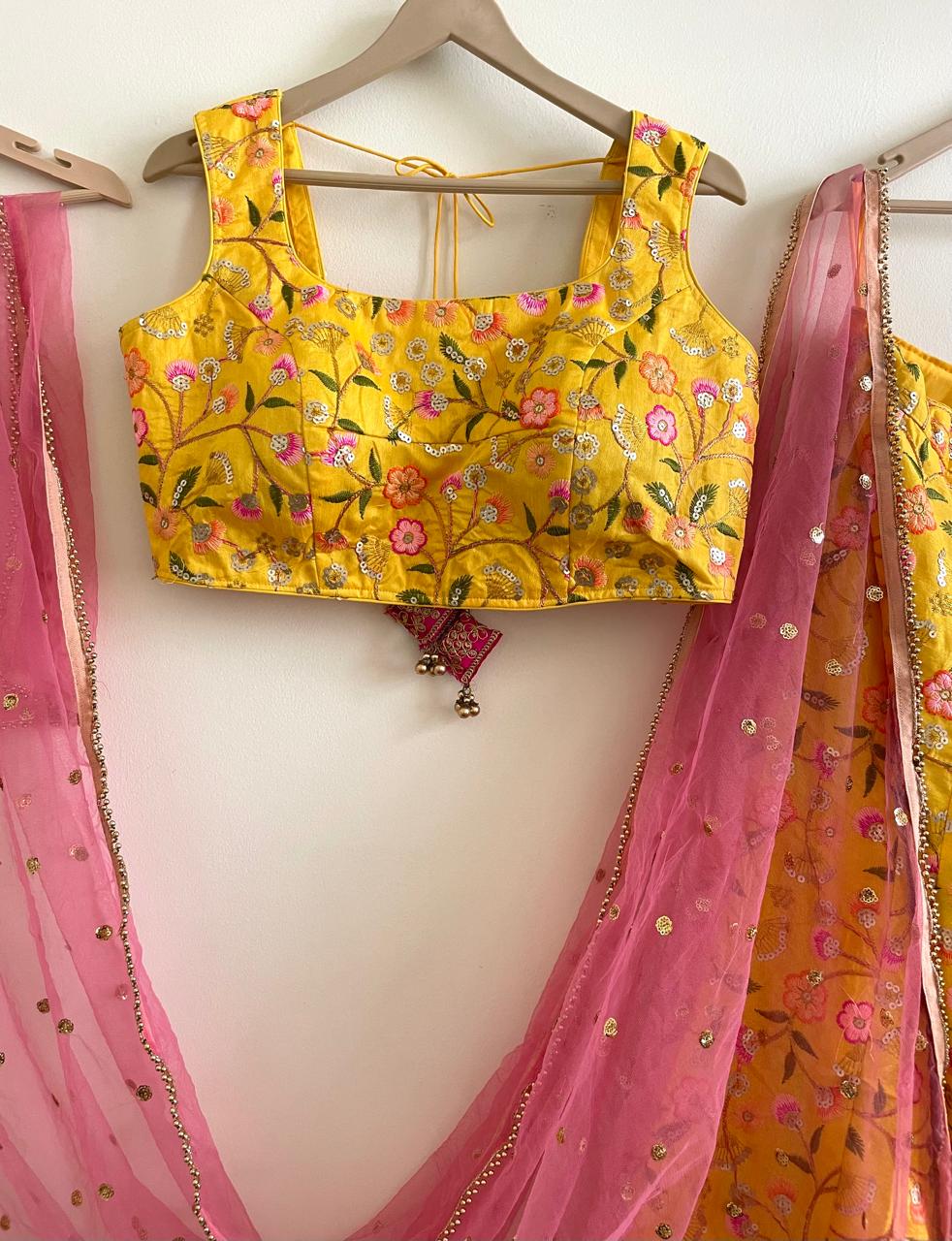 Sunshine Yellow Embroidered Lehenga Set with Pink Dupatta