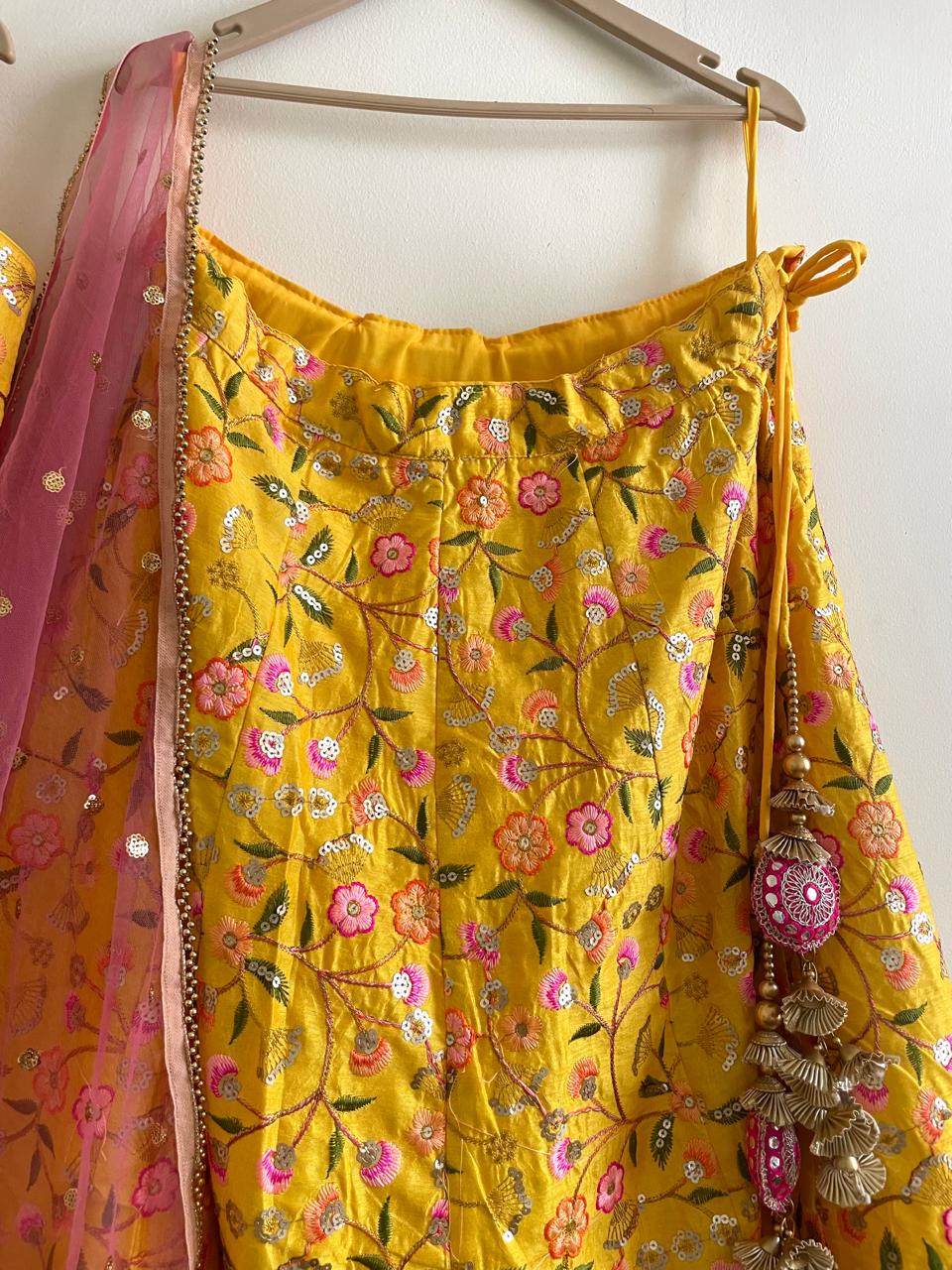 Sunshine Yellow Embroidered Lehenga Set with Pink Dupatta