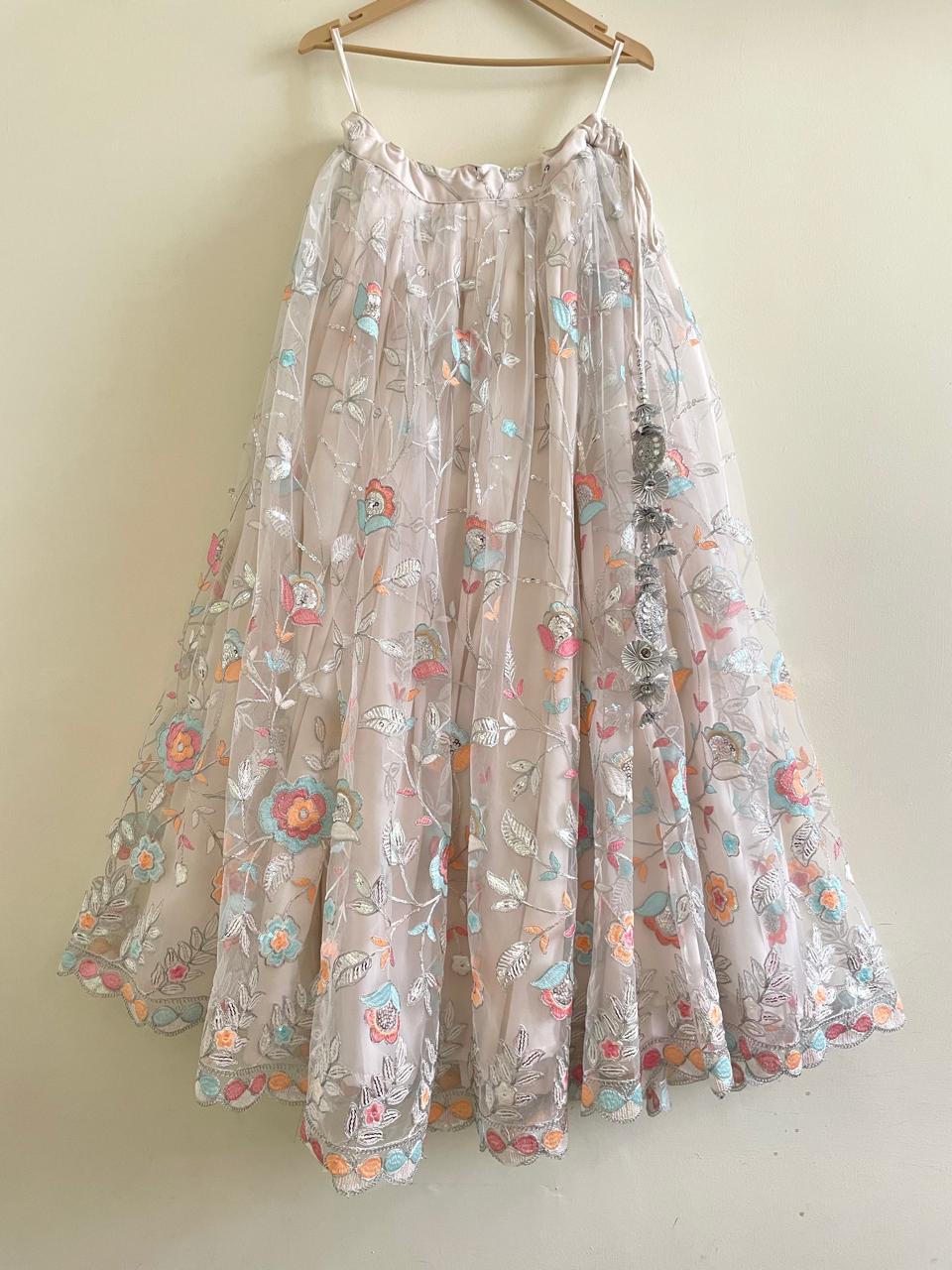 White Pastel Floral Embroidered Lehenga Set