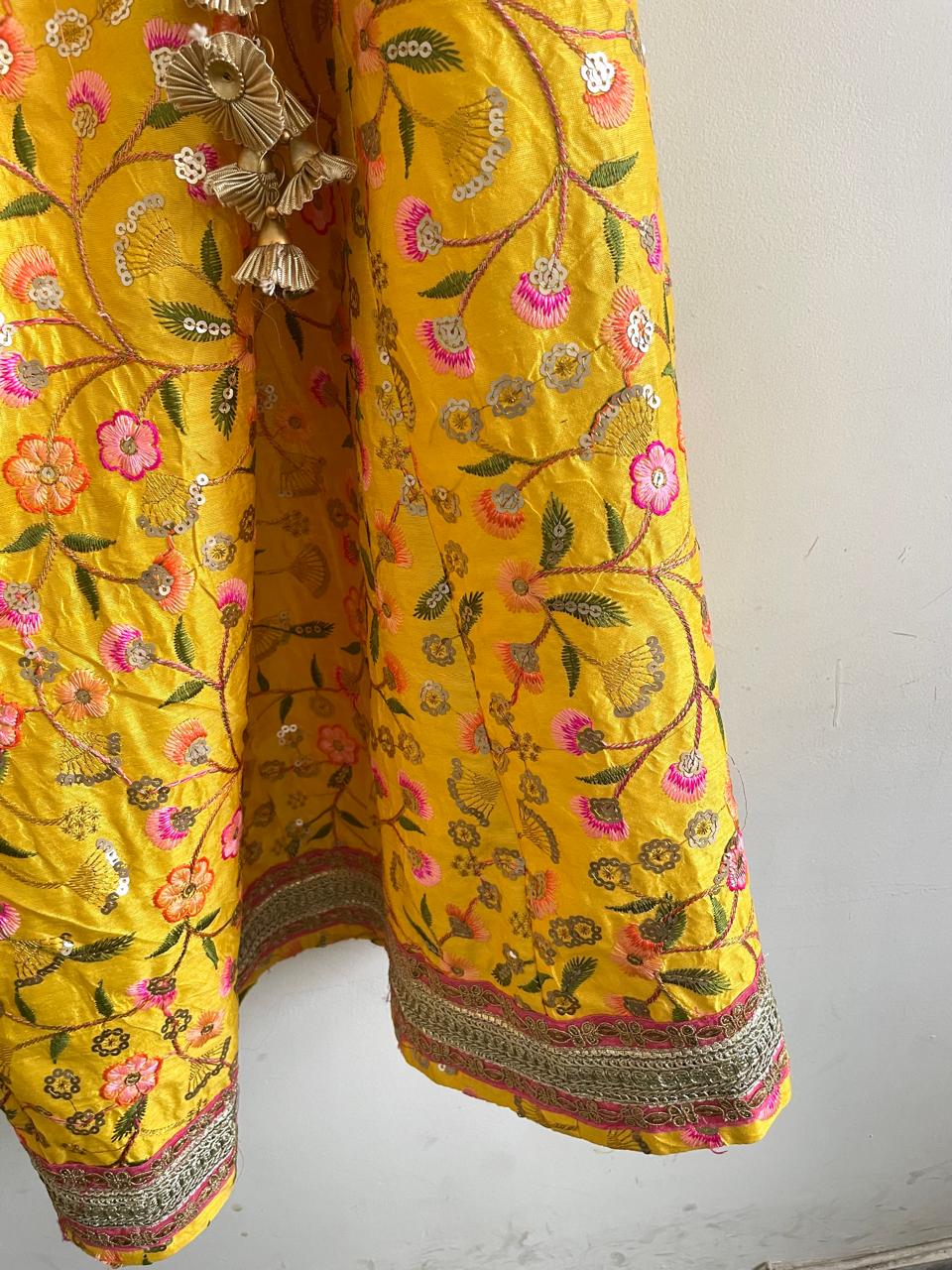 Sunshine Yellow Embroidered Lehenga Set with Pink Dupatta