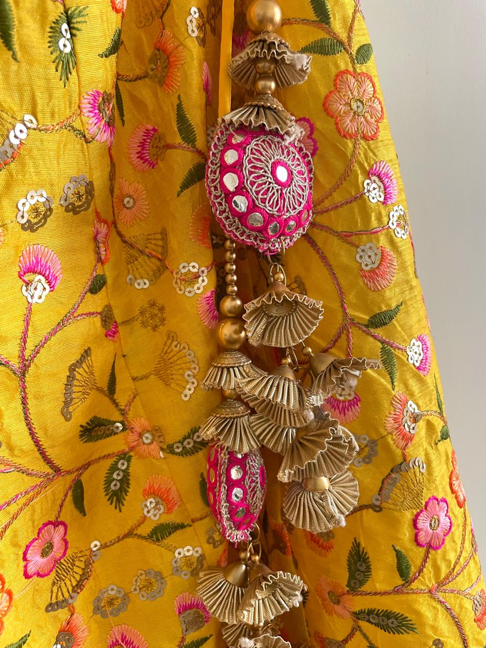 Sunshine Yellow Embroidered Lehenga Set with Pink Dupatta