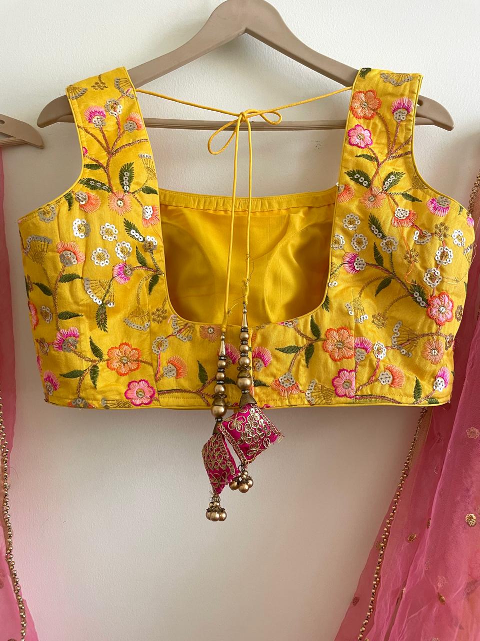 Sunshine Yellow Embroidered Lehenga Set with Pink Dupatta