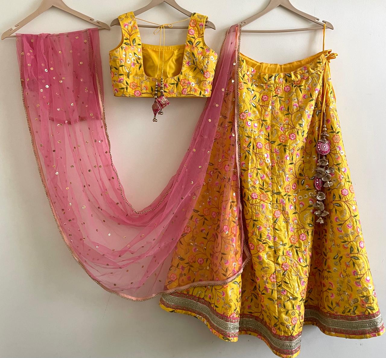 Sunshine Yellow Embroidered Lehenga Set with Pink Dupatta