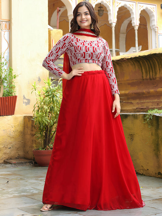 Elegant Red Lehenga with Embroidered Blouse & Dupatta