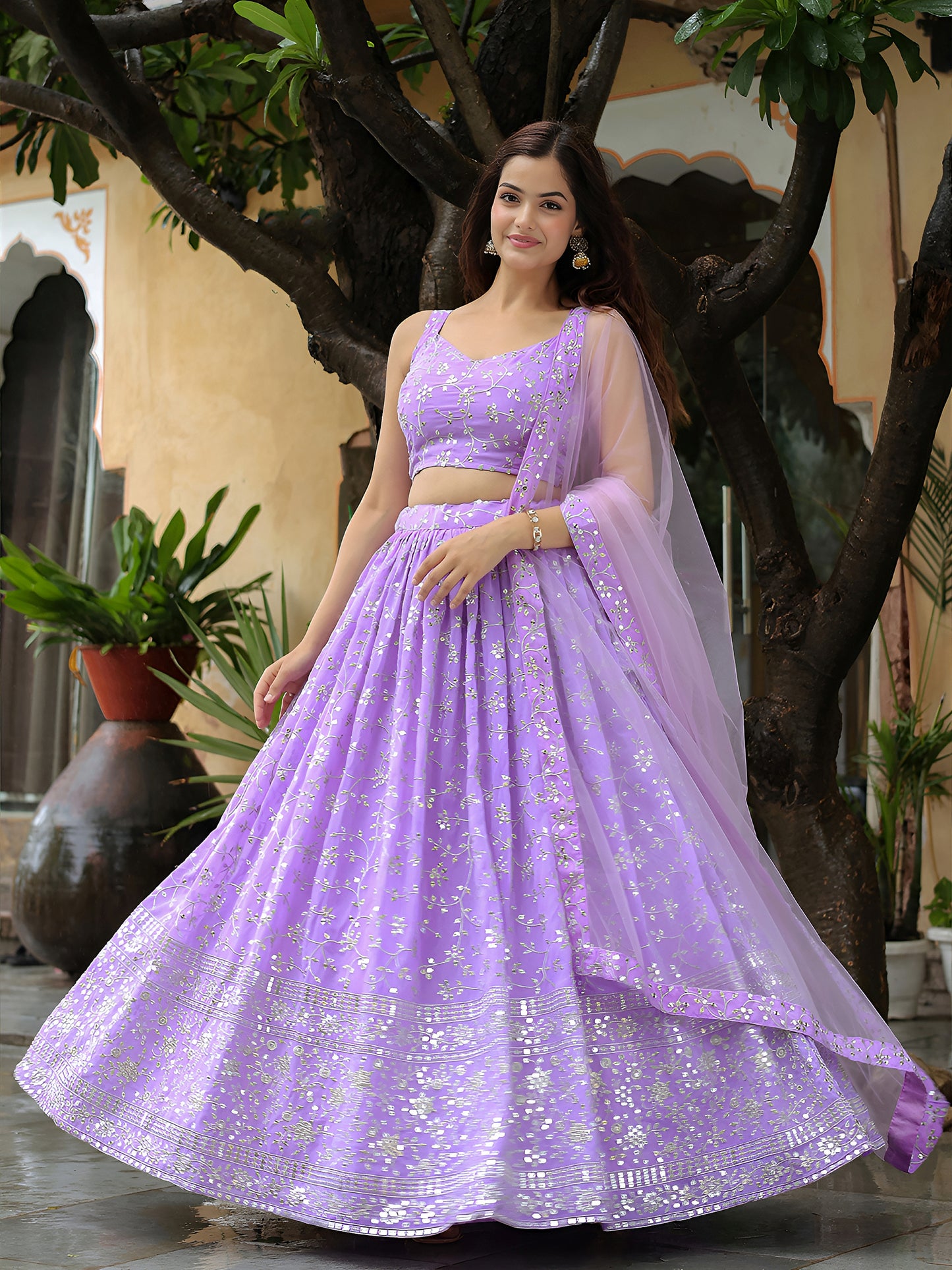 Lavender Mirror Embroidered Lehenga Set
