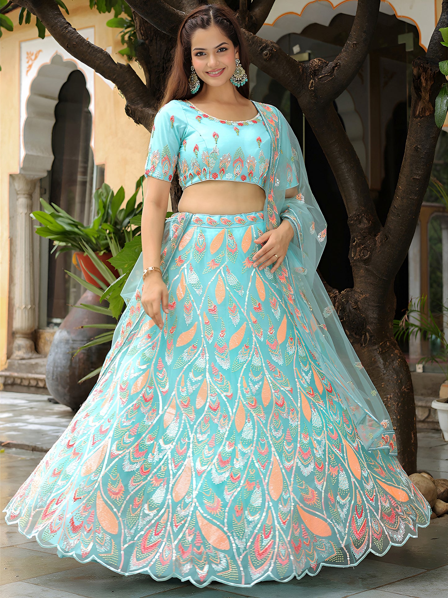Sky Blue Embroidered Lehenga Set