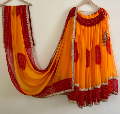 Vibrant Yellow & Red Bandhani Lehenga Set – Handcrafted Festive Outfit