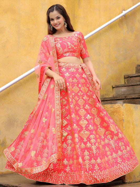 Peach Pink Embroidered Silk Lehenga Set