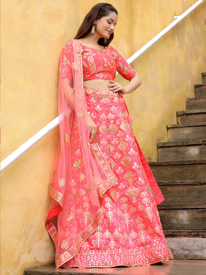 Peach Pink Embroidered Silk Lehenga Set