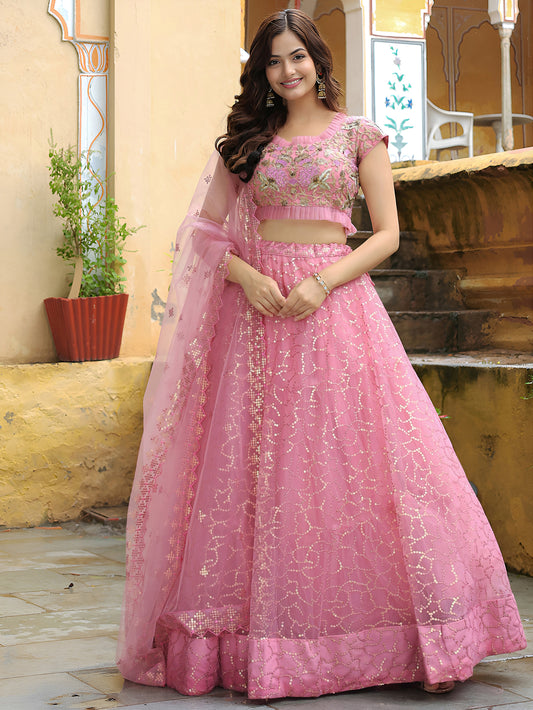Elegant Pink Embroidered Lehenga Set