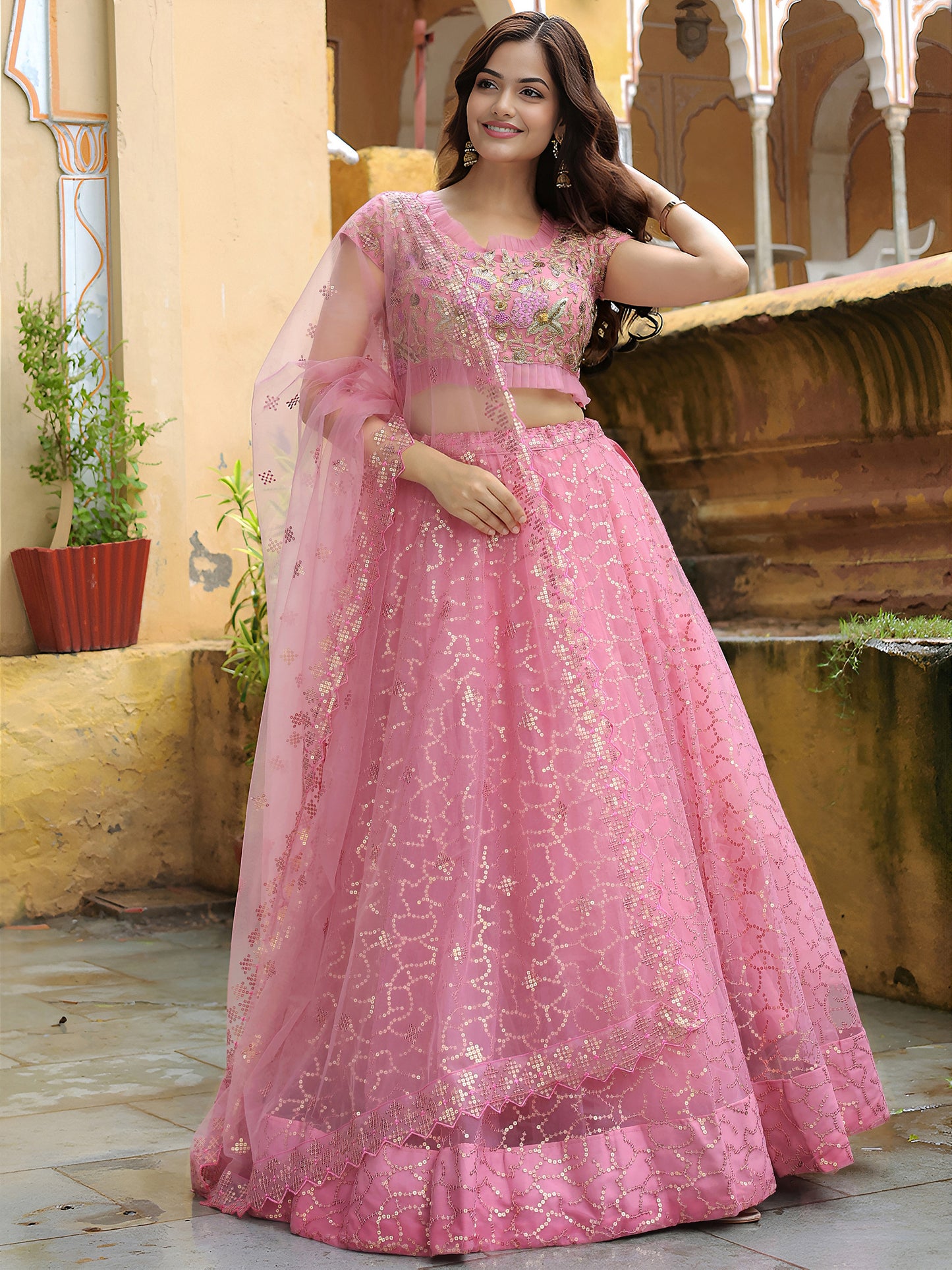Elegant Pink Embroidered Lehenga Set