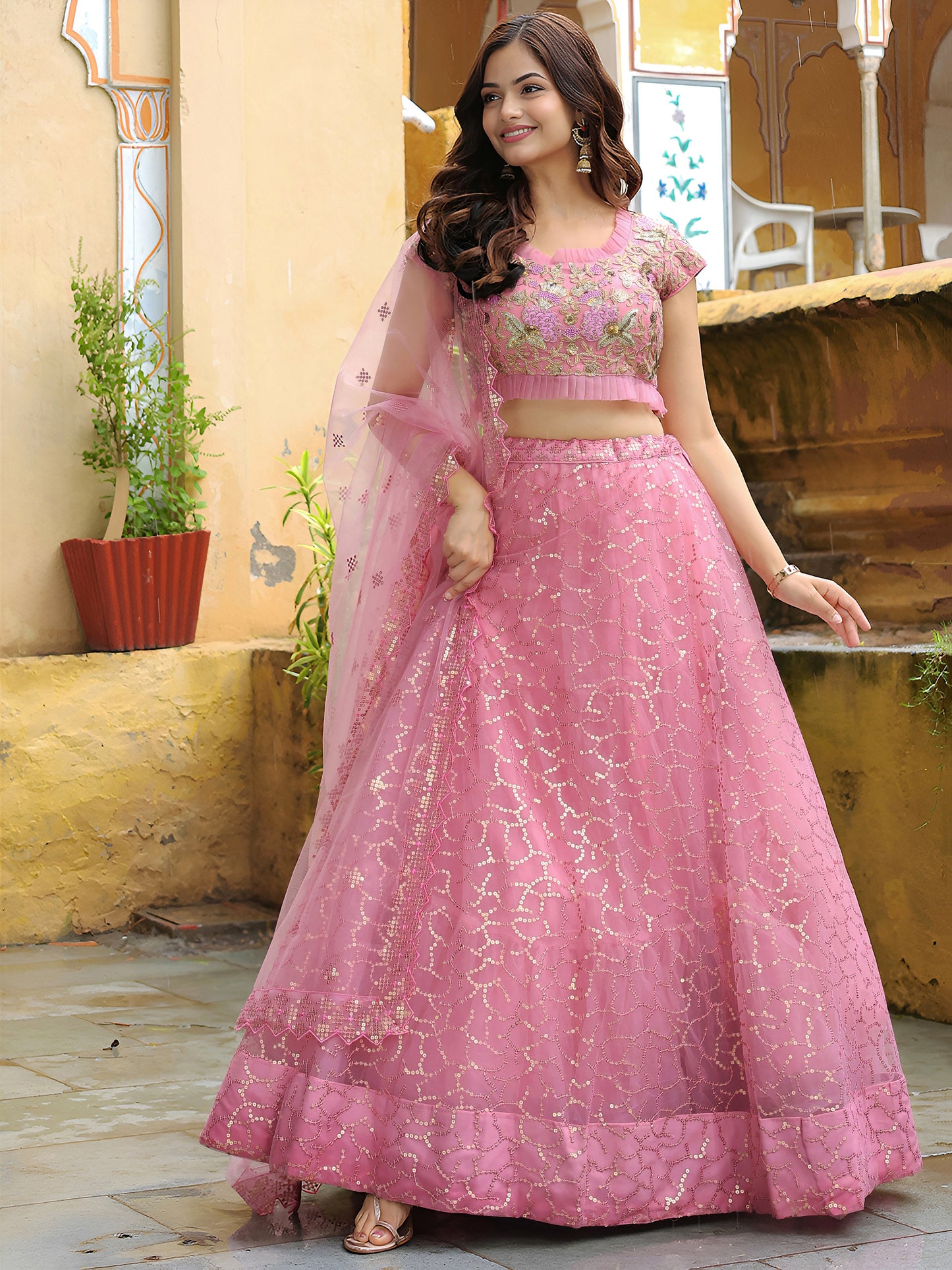 Elegant Pink Embroidered Lehenga Set