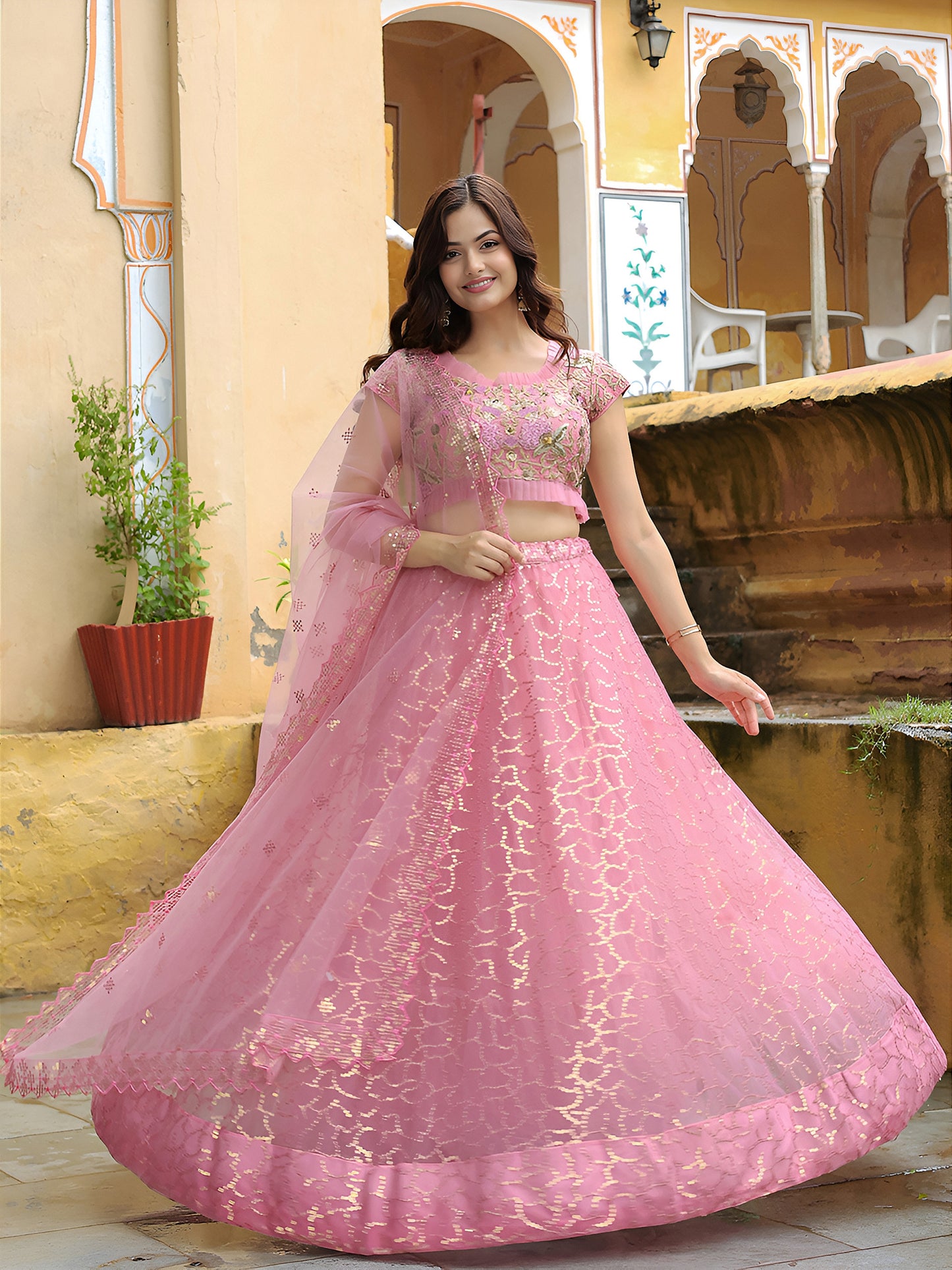 Elegant Pink Embroidered Lehenga Set