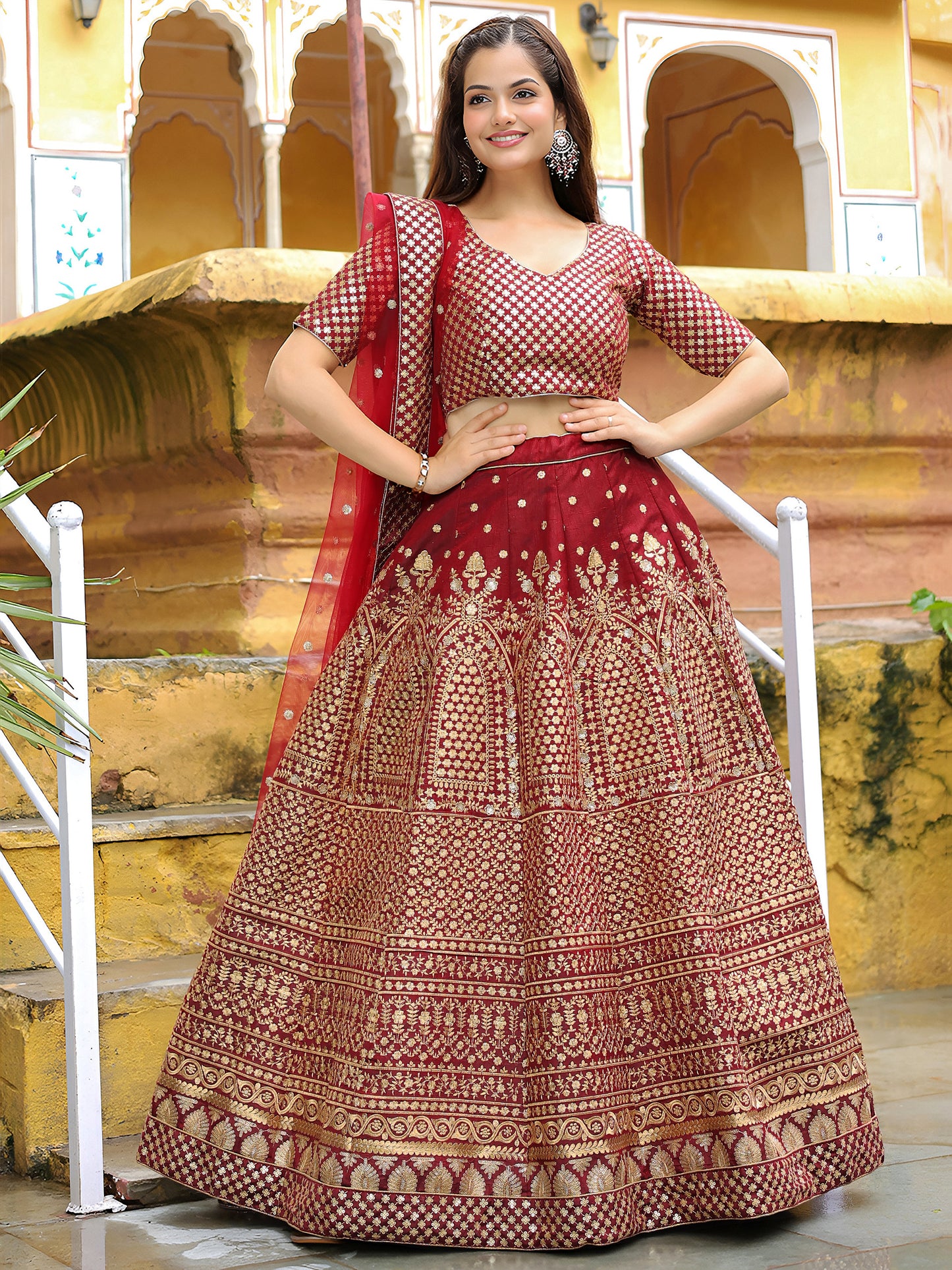 Maroon Banarasi Silk Lehenga Set