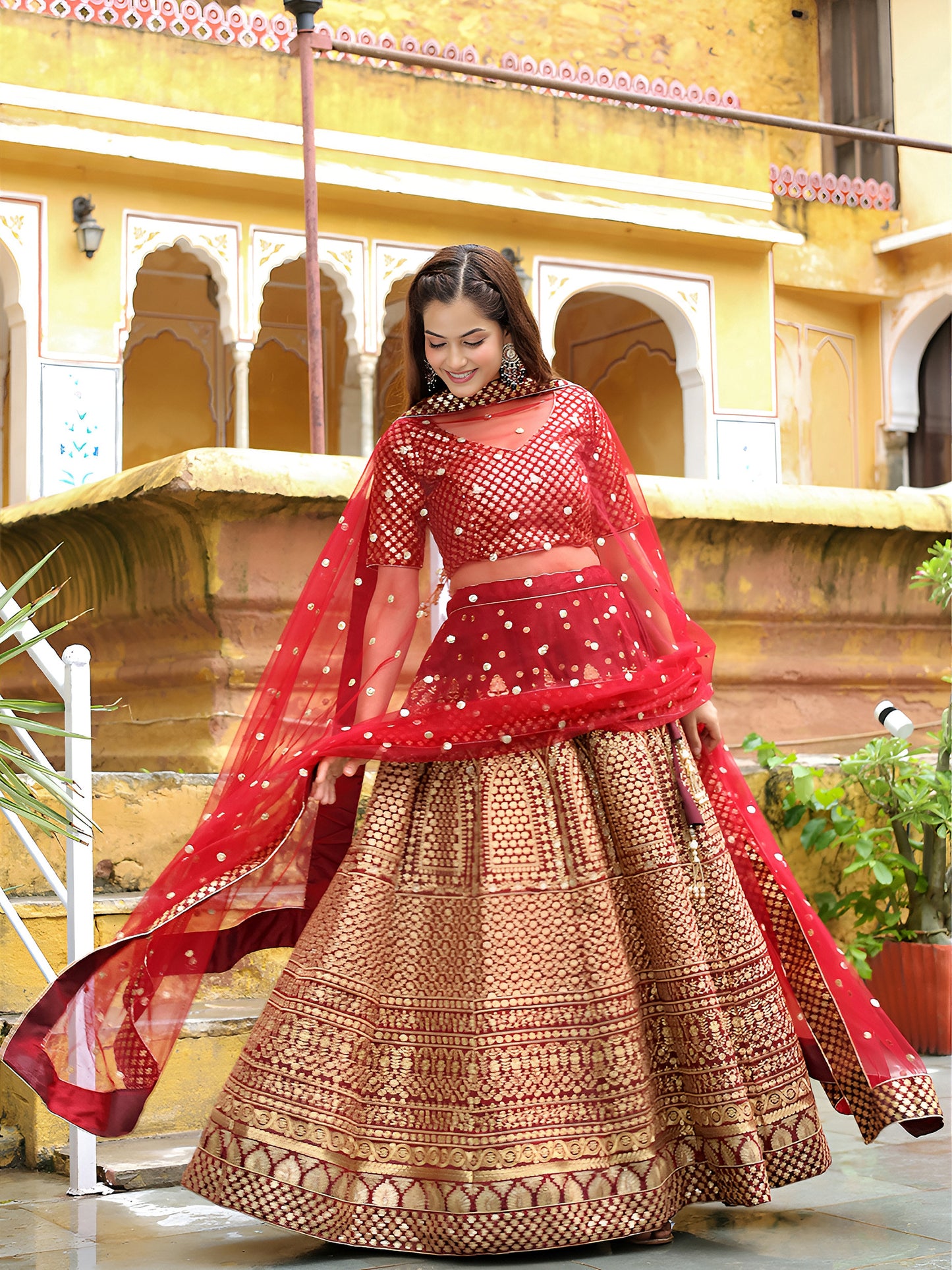 Maroon Banarasi Silk Lehenga Set