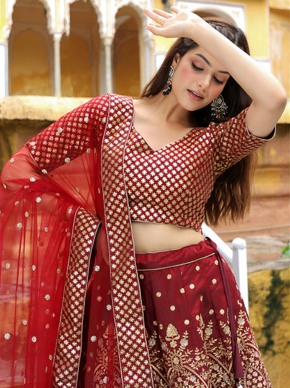 Maroon Banarasi Silk Lehenga Set