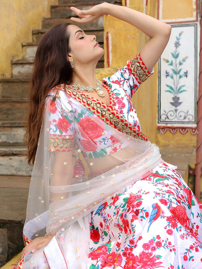 White Floral Printed Lehenga Set with Embroidered Dupatta