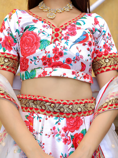 White Floral Printed Lehenga Set with Embroidered Dupatta