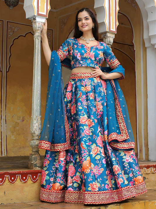 Royal Blue Floral Printed Lehenga Set with Embellished Dupatta
