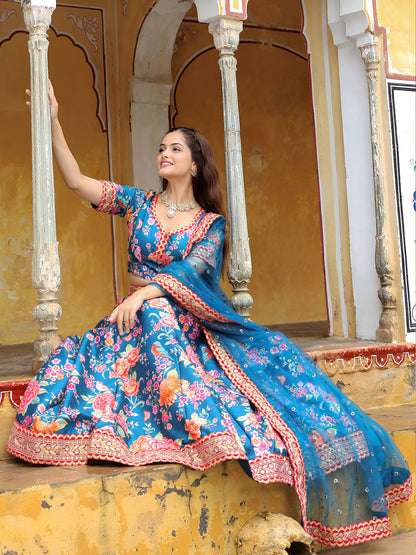 Royal Blue Floral Printed Lehenga Set with Embellished Dupatta