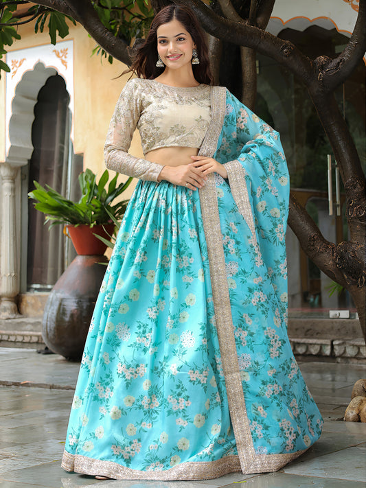 Sky Blue Floral Printed Lehenga Set with Embroidered Blouse