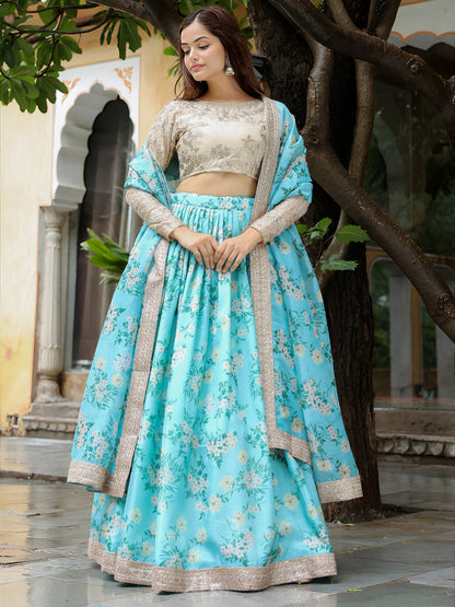 Sky Blue Floral Printed Lehenga Set with Embroidered Blouse