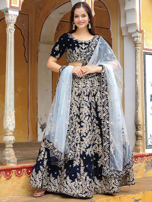 Navy Blue Velvet Embroidered Lehenga Set
