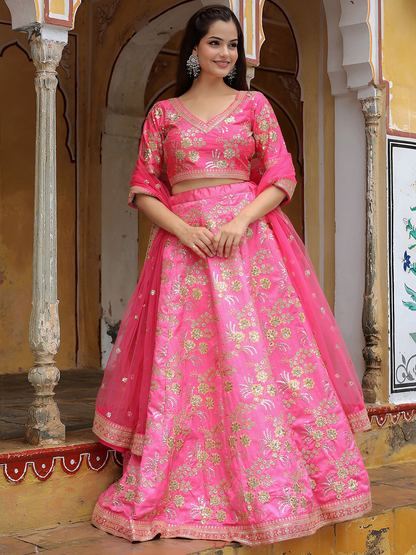 Radiant Pink Embroidered Lehenga Set