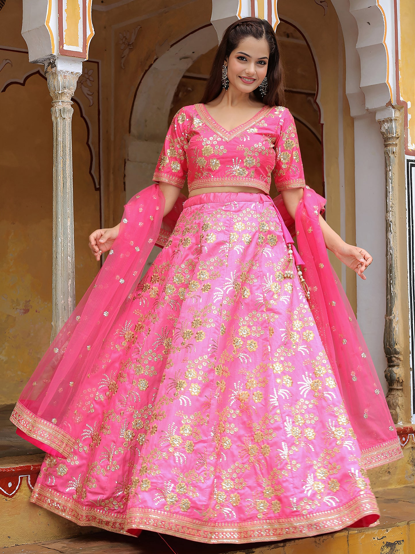 Radiant Pink Embroidered Lehenga Set