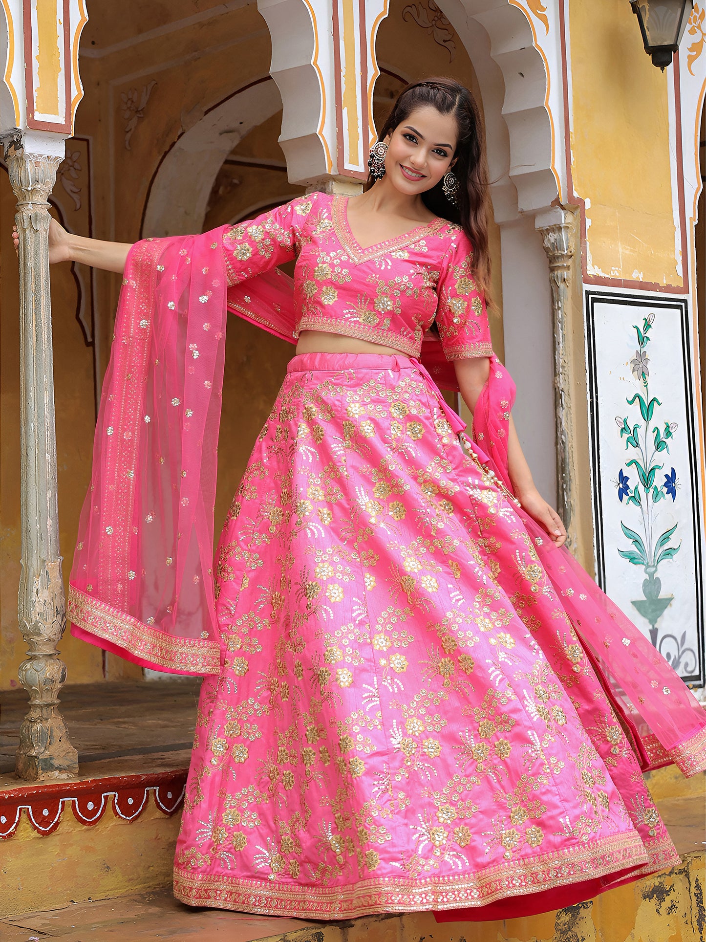 Radiant Pink Embroidered Lehenga Set