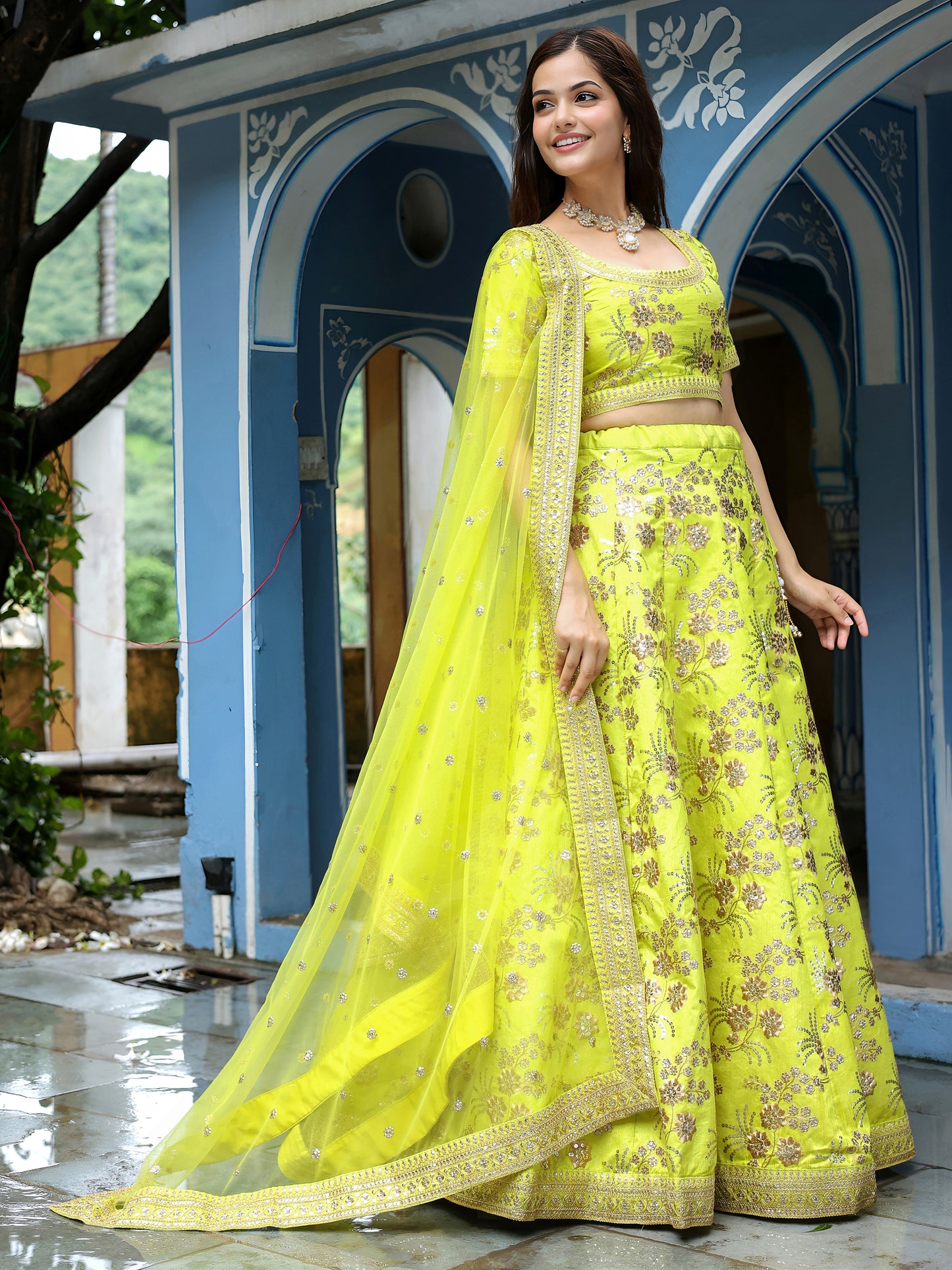 Neon Yellow Embroidered Lehenga Set