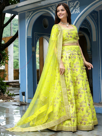 Neon Yellow Embroidered Lehenga Set