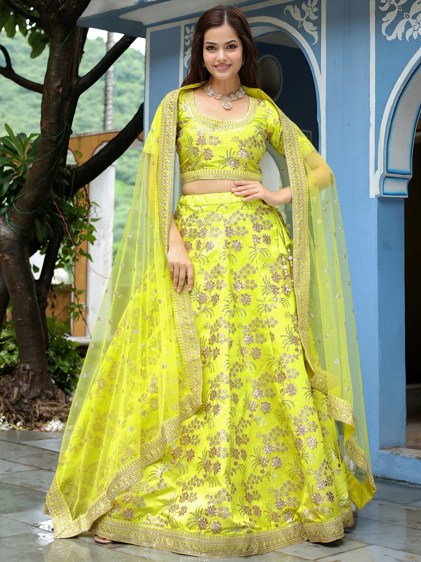 Neon Yellow Embroidered Lehenga Set