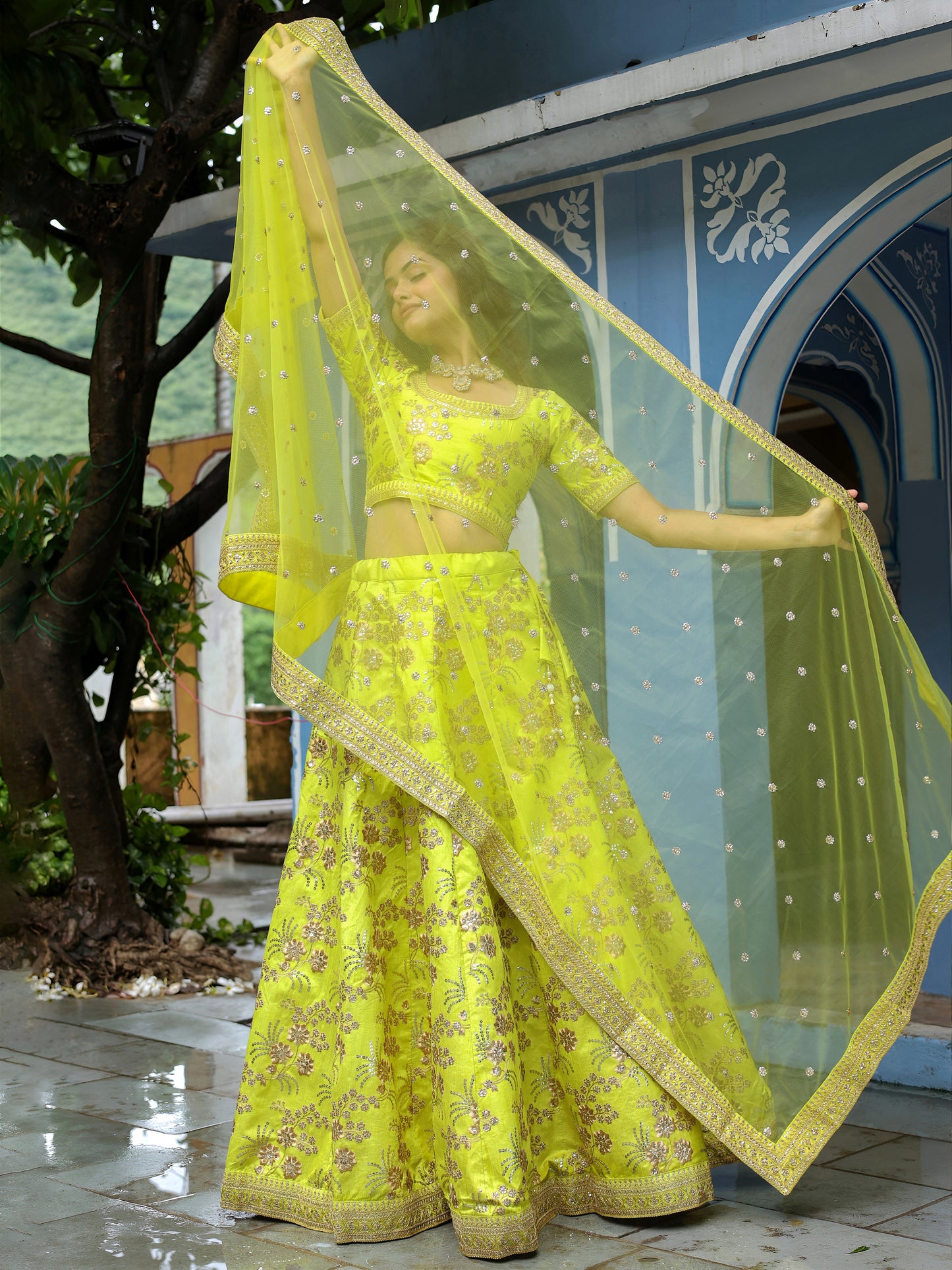 Neon Yellow Embroidered Lehenga Set