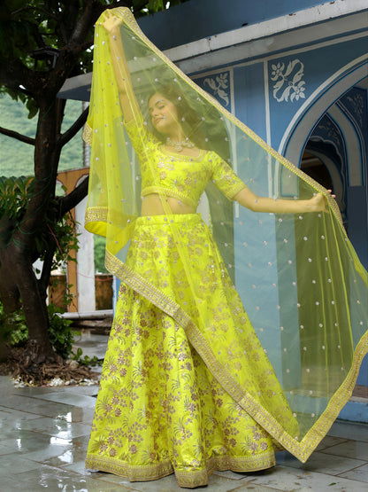 Neon Yellow Embroidered Lehenga Set