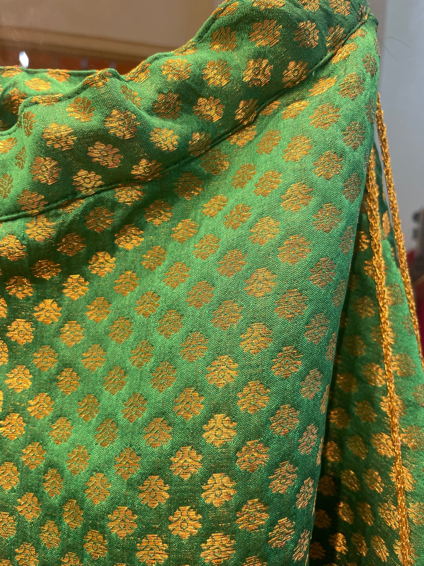 Green Brocade Lehenga Skirt with Golden Zari Work – Custom Size
