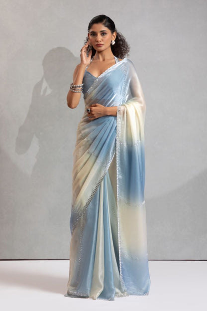 Elegant Blue & Ivory Ombre Organza Saree