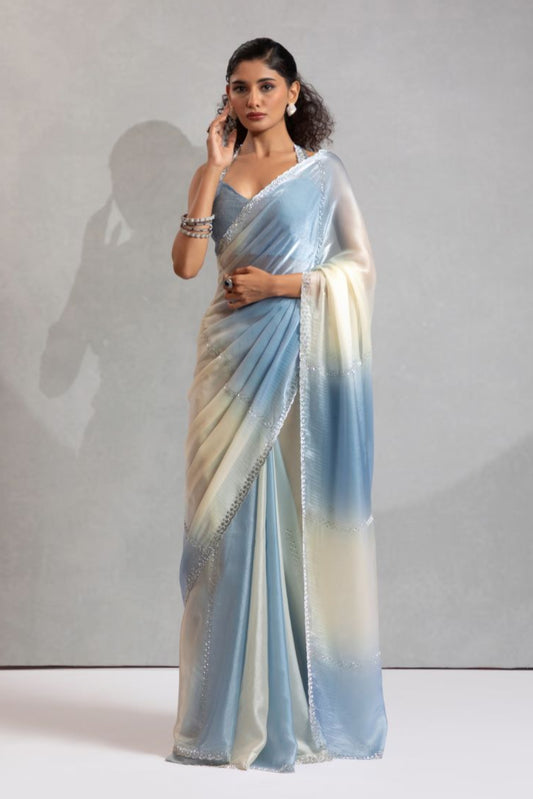 Elegant Blue & Ivory Ombre Organza Saree