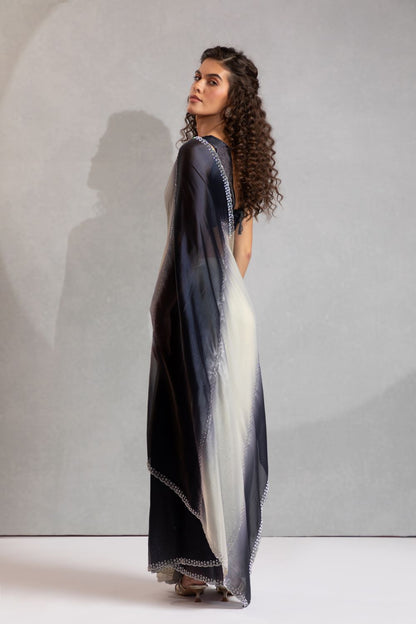 Black & Ivory Ombre Organza Saree with Sequin Border