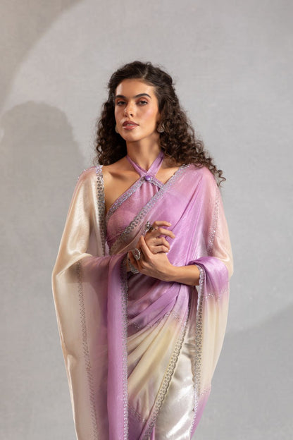 Lavender & Cream Ombre Organza Saree with Hand Embellishments