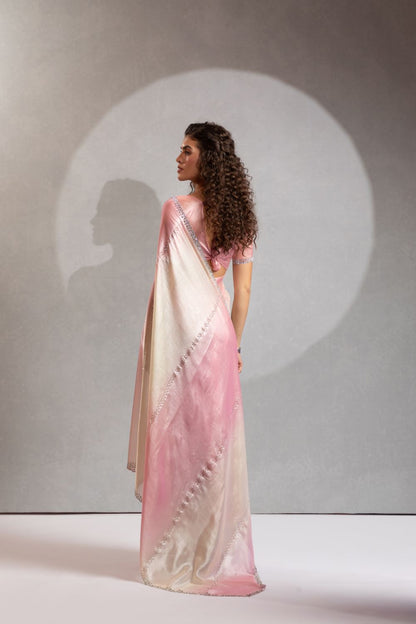 Elegant Ombre Pink & Cream Organza Saree with Sequin Border