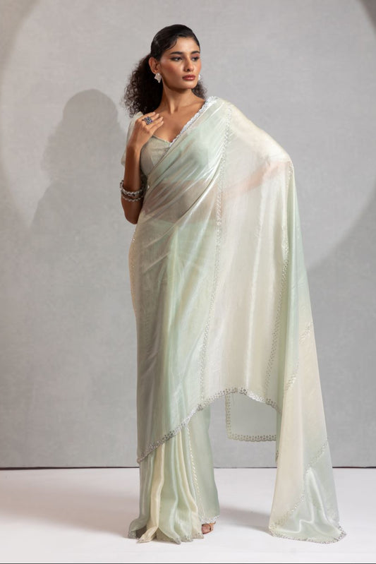 Woman wearing a light-colored saree against a neutral background