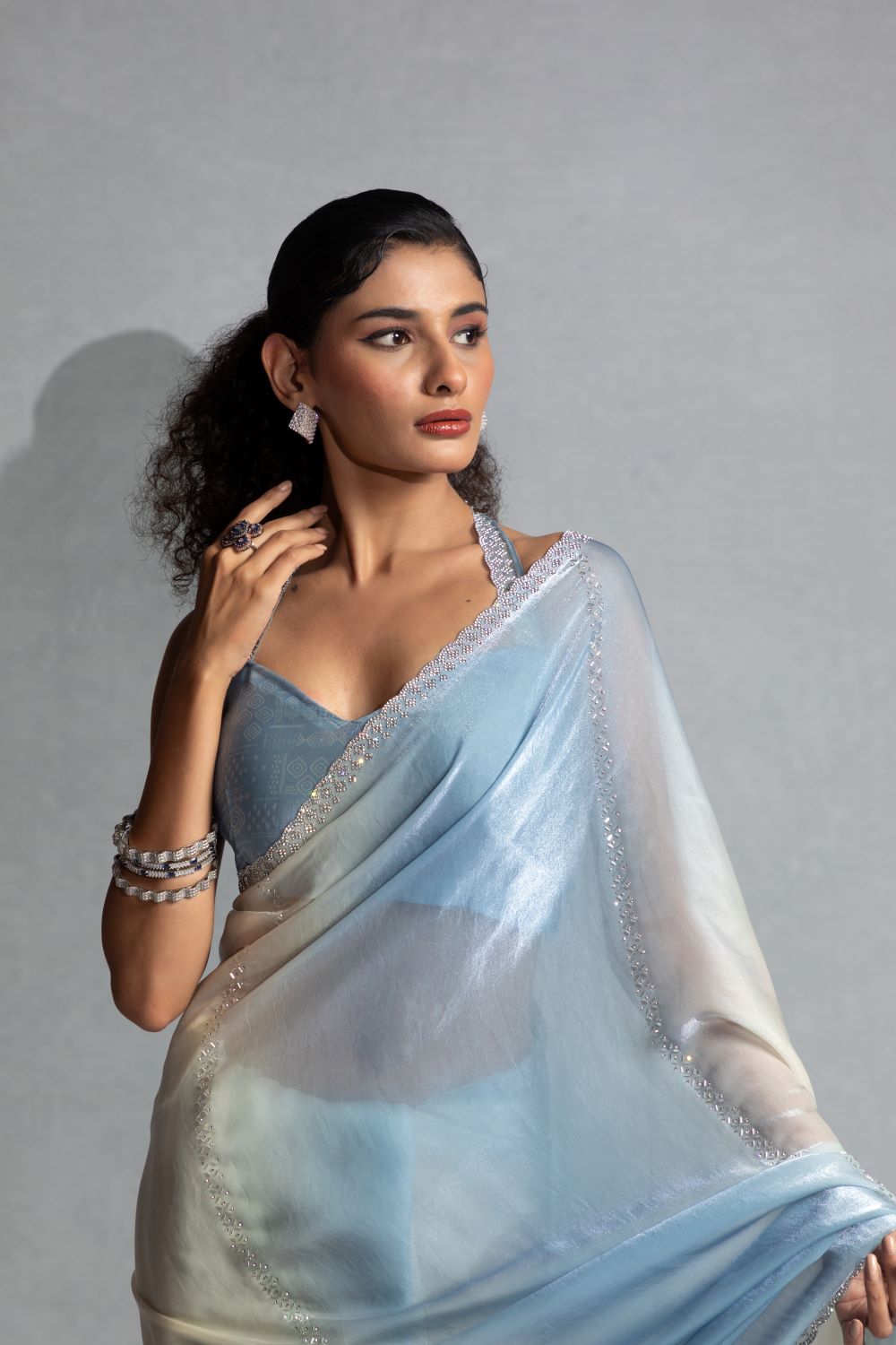 Elegant Blue & Ivory Ombre Organza Saree